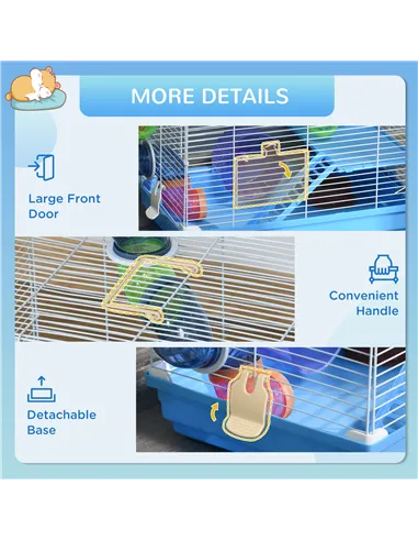 Pawhut 2 Tier Hamster Cage, Gerbil Cage with Handle, Exercise Wheels, Tunnel, Tube, Water Bottle, Dishes, Ladder, for Dwarf, Blu