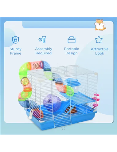 Pawhut 2 Tier Hamster Cage, Gerbil Cage with Handle, Exercise Wheels, Tunnel, Tube, Water Bottle, Dishes, Ladder, for Dwarf, Blu