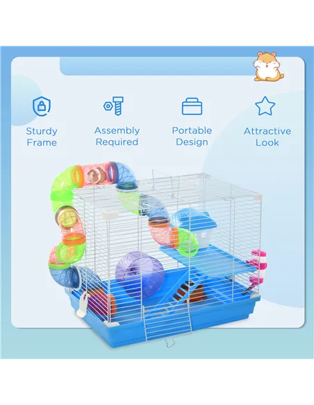 Pawhut 2 Tier Hamster Cage, Gerbil Cage with Handle, Exercise Wheels, Tunnel, Tube, Water Bottle, Dishes, Ladder, for Dwarf, Blu