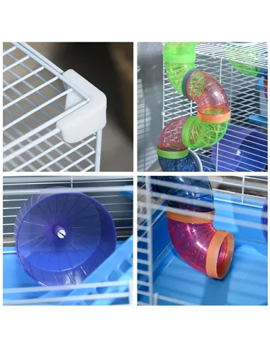 Pawhut 2 Tier Hamster Cage, Gerbil Cage with Handle, Exercise Wheels, Tunnel, Tube, Water Bottle, Dishes, Ladder, for Dwarf, Blu