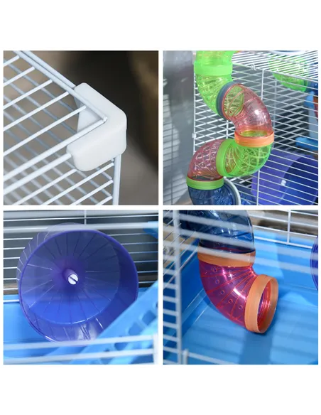 Pawhut 2 Tier Hamster Cage, Gerbil Cage with Handle, Exercise Wheels, Tunnel, Tube, Water Bottle, Dishes, Ladder, for Dwarf, Blu