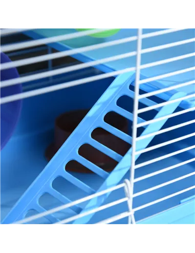 Pawhut 2 Tier Hamster Cage, Gerbil Cage with Handle, Exercise Wheels, Tunnel, Tube, Water Bottle, Dishes, Ladder, for Dwarf, Blu