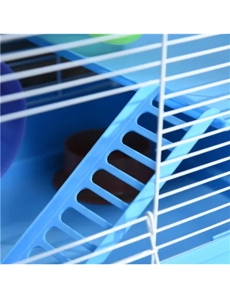 Pawhut 2 Tier Hamster Cage, Gerbil Cage with Handle, Exercise Wheels, Tunnel, Tube, Water Bottle, Dishes, Ladder, for Dwarf, Blu