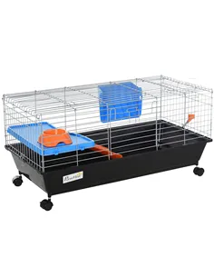 PawHut Small Animal Cage Rabbit Guinea Pigs Chinchillas Cage w/ Wheels Water Bottle Food Dish Platform Ramp 89 x 44 x 43 cm Blac