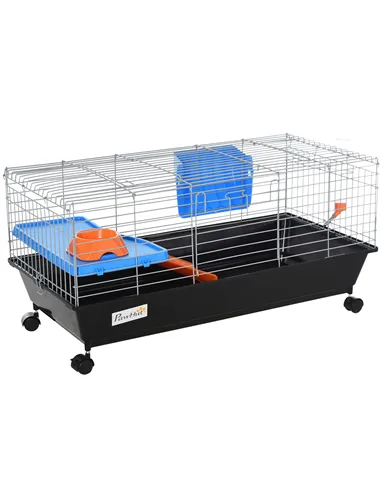 PawHut Small Animal Cage Rabbit Guinea Pigs Chinchillas Cage w/ Wheels Water Bottle Food Dish Platform Ramp 89 x 44 x 43 cm Blac