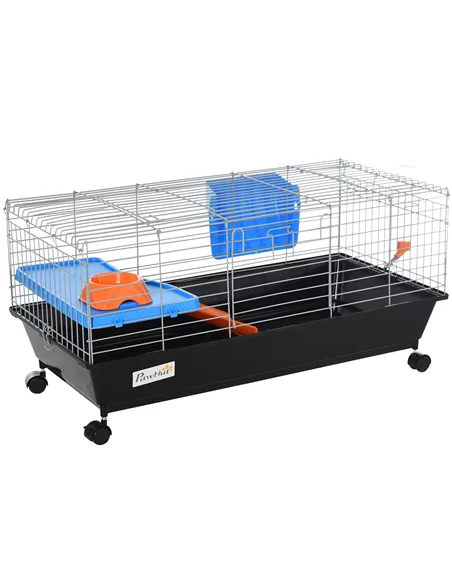PawHut Small Animal Cage Rabbit Guinea Pigs Chinchillas Cage w/ Wheels Water Bottle Food Dish Platform Ramp 89 x 44 x 43 cm Blac