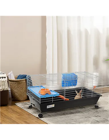PawHut Small Animal Cage Rabbit Guinea Pigs Chinchillas Cage w/ Wheels Water Bottle Food Dish Platform Ramp 89 x 44 x 43 cm Blac