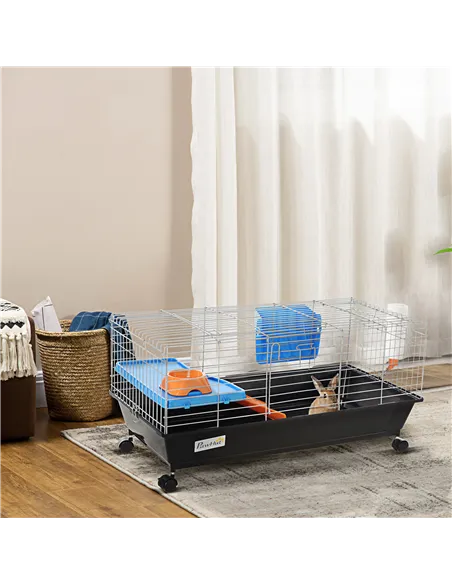 PawHut Small Animal Cage Rabbit Guinea Pigs Chinchillas Cage w/ Wheels Water Bottle Food Dish Platform Ramp 89 x 44 x 43 cm Blac