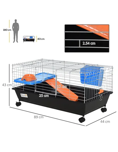 PawHut Small Animal Cage Rabbit Guinea Pigs Chinchillas Cage w/ Wheels Water Bottle Food Dish Platform Ramp 89 x 44 x 43 cm Blac