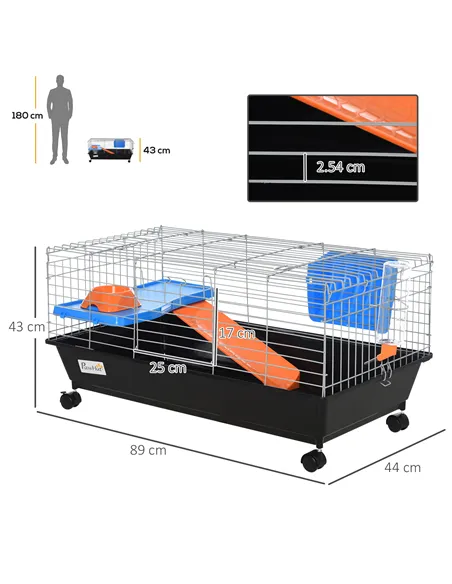 PawHut Small Animal Cage Rabbit Guinea Pigs Chinchillas Cage w/ Wheels Water Bottle Food Dish Platform Ramp 89 x 44 x 43 cm Blac