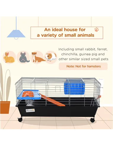 PawHut Small Animal Cage Rabbit Guinea Pigs Chinchillas Cage w/ Wheels Water Bottle Food Dish Platform Ramp 89 x 44 x 43 cm Blac