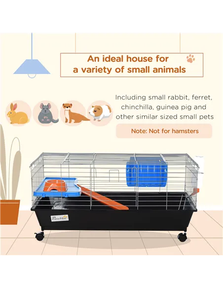 PawHut Small Animal Cage Rabbit Guinea Pigs Chinchillas Cage w/ Wheels Water Bottle Food Dish Platform Ramp 89 x 44 x 43 cm Blac