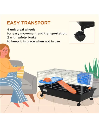 PawHut Small Animal Cage Rabbit Guinea Pigs Chinchillas Cage w/ Wheels Water Bottle Food Dish Platform Ramp 89 x 44 x 43 cm Blac