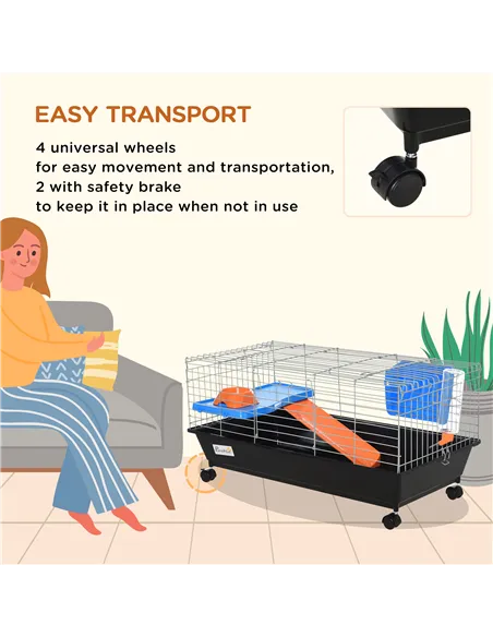 PawHut Small Animal Cage Rabbit Guinea Pigs Chinchillas Cage w/ Wheels Water Bottle Food Dish Platform Ramp 89 x 44 x 43 cm Blac