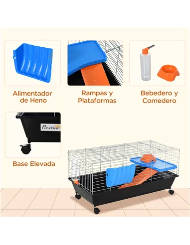 PawHut Small Animal Cage Rabbit Guinea Pigs Chinchillas Cage w/ Wheels Water Bottle Food Dish Platform Ramp 89 x 44 x 43 cm Blac