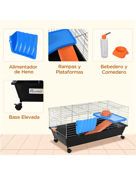 PawHut Small Animal Cage Rabbit Guinea Pigs Chinchillas Cage w/ Wheels Water Bottle Food Dish Platform Ramp 89 x 44 x 43 cm Blac