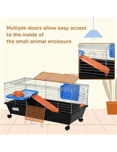 PawHut Small Animal Cage Rabbit Guinea Pigs Chinchillas Cage w/ Wheels Water Bottle Food Dish Platform Ramp 89 x 44 x 43 cm Blac