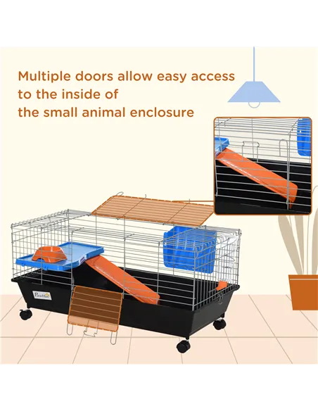 PawHut Small Animal Cage Rabbit Guinea Pigs Chinchillas Cage w/ Wheels Water Bottle Food Dish Platform Ramp 89 x 44 x 43 cm Blac