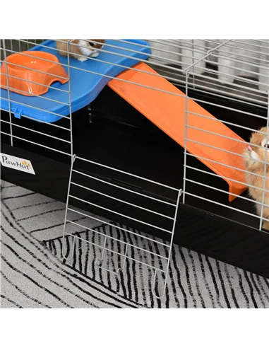 PawHut Small Animal Cage Rabbit Guinea Pigs Chinchillas Cage w/ Wheels Water Bottle Food Dish Platform Ramp 89 x 44 x 43 cm Blac