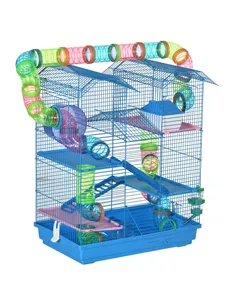 PawHut 5 Tier Hamster Cage Carrier Habitat with Exercise Wheels Tunnel Tube Water Bottle Dishes House Ladder for Dwarf Mice, Blu