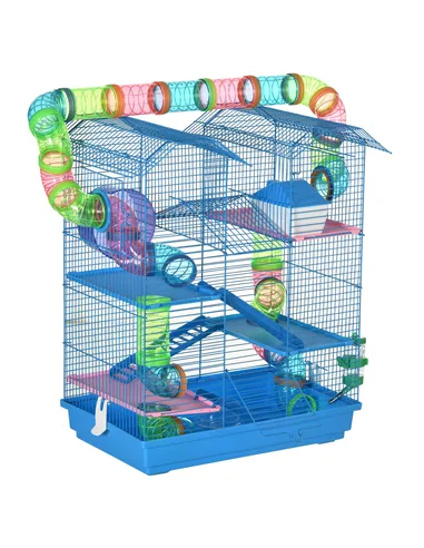 PawHut 5 Tier Hamster Cage Carrier Habitat with Exercise Wheels Tunnel Tube Water Bottle Dishes House Ladder for Dwarf Mice, Blu