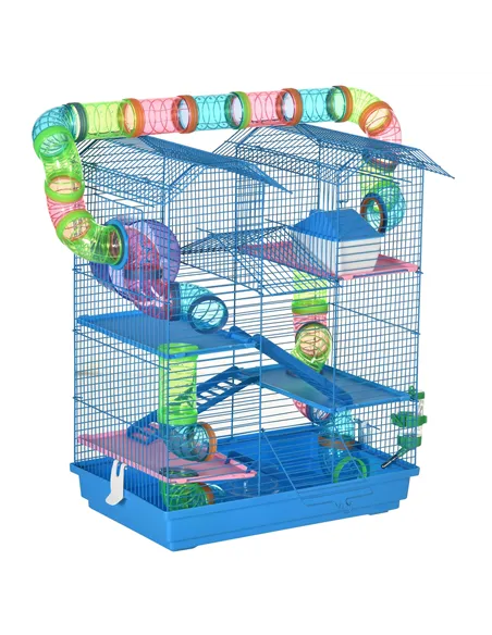 PawHut 5 Tier Hamster Cage Carrier Habitat with Exercise Wheels Tunnel Tube Water Bottle Dishes House Ladder for Dwarf Mice, Blu