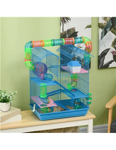 PawHut 5 Tier Hamster Cage Carrier Habitat with Exercise Wheels Tunnel Tube Water Bottle Dishes House Ladder for Dwarf Mice, Blu
