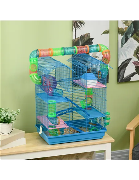 PawHut 5 Tier Hamster Cage Carrier Habitat with Exercise Wheels Tunnel Tube Water Bottle Dishes House Ladder for Dwarf Mice, Blu
