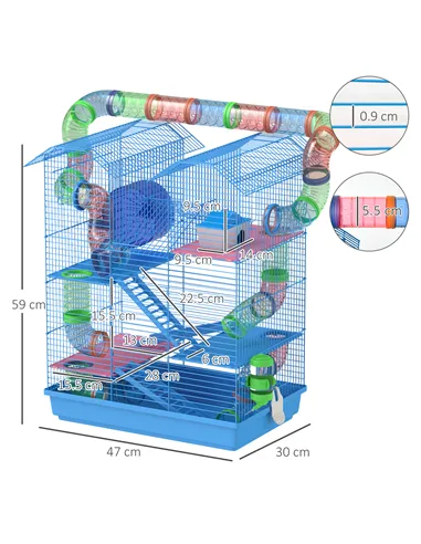 PawHut 5 Tier Hamster Cage Carrier Habitat with Exercise Wheels Tunnel Tube Water Bottle Dishes House Ladder for Dwarf Mice, Blu