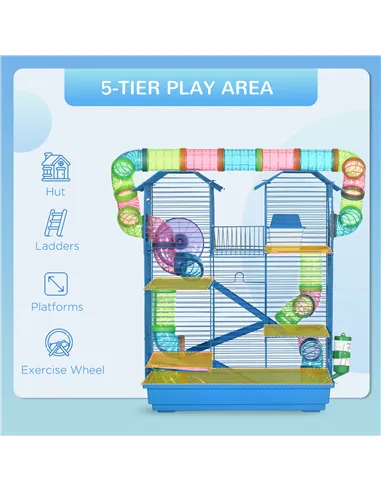 PawHut 5 Tier Hamster Cage Carrier Habitat with Exercise Wheels Tunnel Tube Water Bottle Dishes House Ladder for Dwarf Mice, Blu
