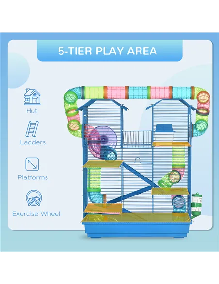 PawHut 5 Tier Hamster Cage Carrier Habitat with Exercise Wheels Tunnel Tube Water Bottle Dishes House Ladder for Dwarf Mice, Blu
