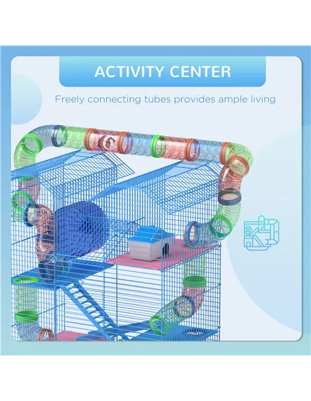 PawHut 5 Tier Hamster Cage Carrier Habitat with Exercise Wheels Tunnel Tube Water Bottle Dishes House Ladder for Dwarf Mice, Blu