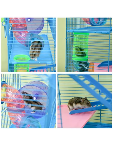PawHut 5 Tier Hamster Cage Carrier Habitat with Exercise Wheels Tunnel Tube Water Bottle Dishes House Ladder for Dwarf Mice, Blu