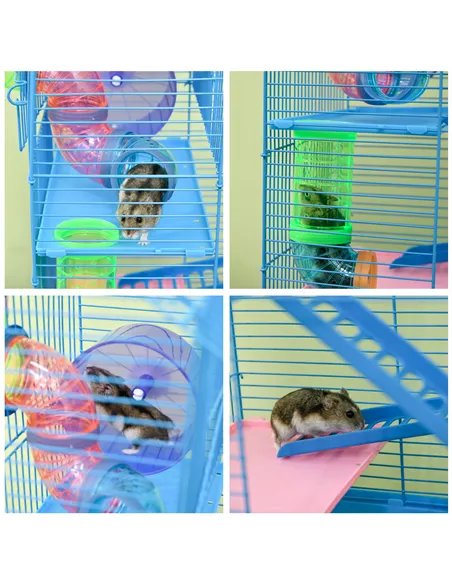 PawHut 5 Tier Hamster Cage Carrier Habitat with Exercise Wheels Tunnel Tube Water Bottle Dishes House Ladder for Dwarf Mice, Blu