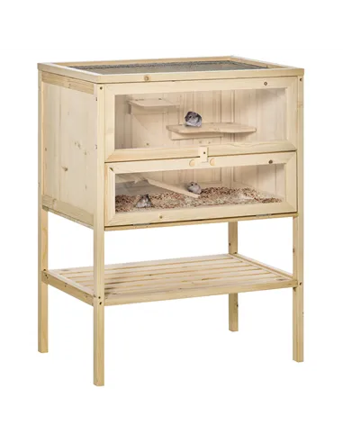 PawHut Wooden Hamster Cage with Storage Shelf, Small Animal Exercise Play House with Openable Top, for Hamsters, Gerbils, 60 x 4