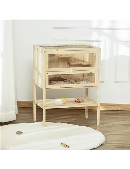 PawHut Wooden Hamster Cage with Storage Shelf, Small Animal Exercise Play House with Openable Top, for Hamsters, Gerbils, 60 x 4