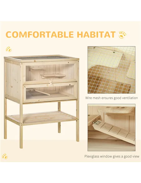 PawHut Wooden Hamster Cage with Storage Shelf, Small Animal Exercise Play House with Openable Top, for Hamsters, Gerbils, 60 x 4