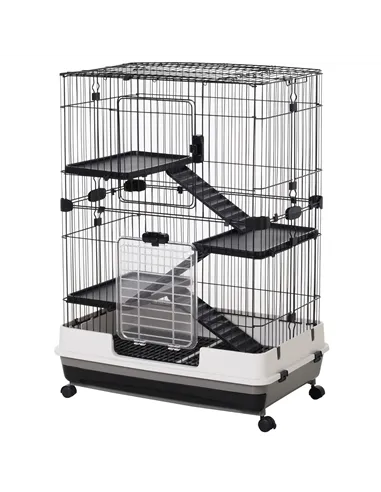 PawHut Four-Tier Small Animal Cage, for Bunnies, Ferrets, Chinchillas w/ Wheels, Tray - Black