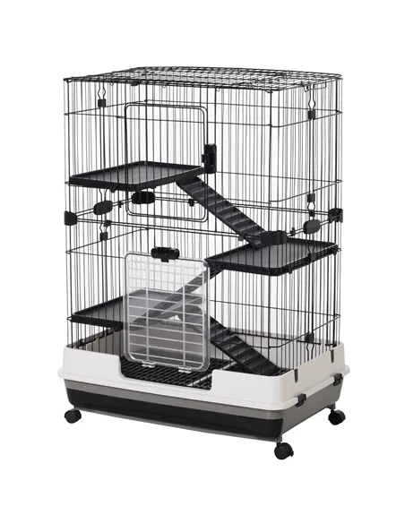 PawHut Four-Tier Small Animal Cage, for Bunnies, Ferrets, Chinchillas w/ Wheels, Tray - Black