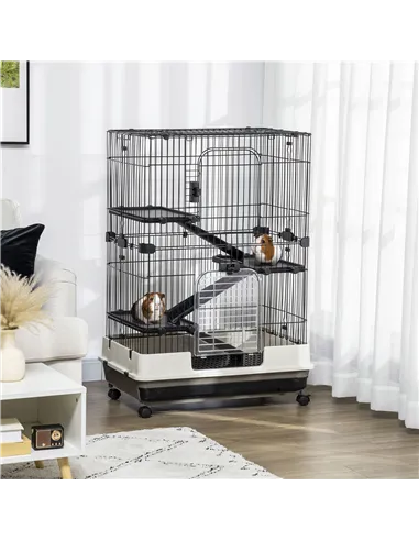 PawHut Four-Tier Small Animal Cage, for Bunnies, Ferrets, Chinchillas w/ Wheels, Tray - Black