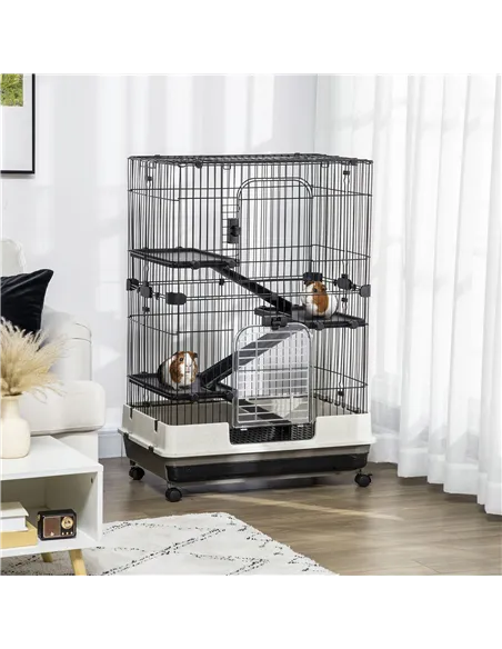 PawHut Four-Tier Small Animal Cage, for Bunnies, Ferrets, Chinchillas w/ Wheels, Tray - Black