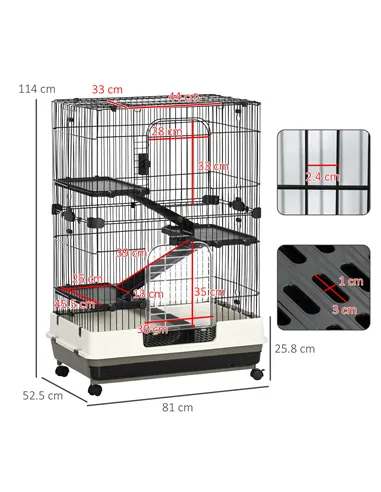 PawHut Four-Tier Small Animal Cage, for Bunnies, Ferrets, Chinchillas w/ Wheels, Tray - Black