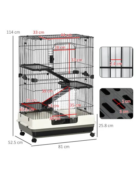 PawHut Four-Tier Small Animal Cage, for Bunnies, Ferrets, Chinchillas w/ Wheels, Tray - Black