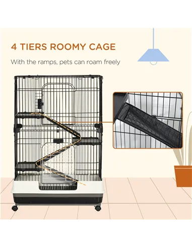PawHut Four-Tier Small Animal Cage, for Bunnies, Ferrets, Chinchillas w/ Wheels, Tray - Black