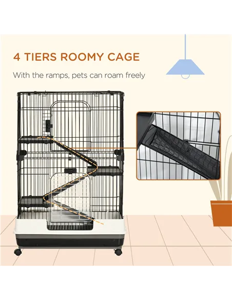 PawHut Four-Tier Small Animal Cage, for Bunnies, Ferrets, Chinchillas w/ Wheels, Tray - Black