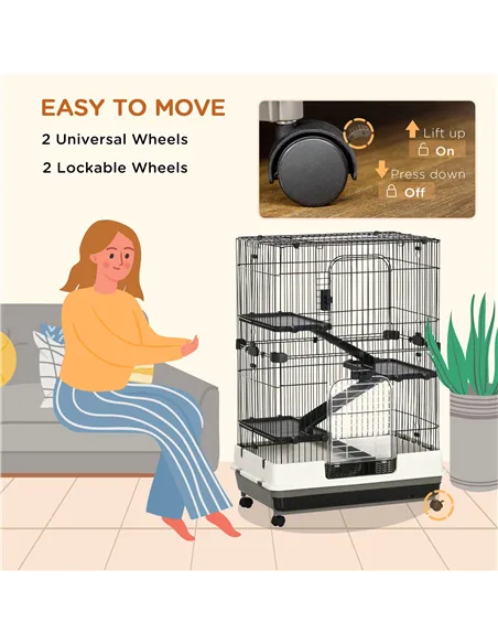 PawHut Four-Tier Small Animal Cage, for Bunnies, Ferrets, Chinchillas w/ Wheels, Tray - Black