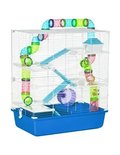 PawHut 5 Tier Hamster Cage, Gerbil Cage with Tube, Water Bottle, Exercise Wheel, Food Dish, 59L x 36W x 69H cm - Blue