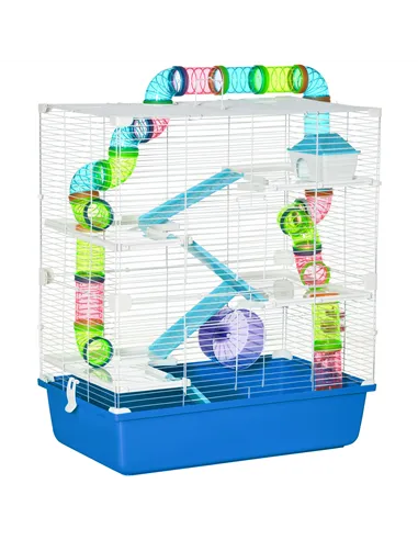 PawHut 5 Tier Hamster Cage, Gerbil Cage with Tube, Water Bottle, Exercise Wheel, Food Dish, 59L x 36W x 69H cm - Blue