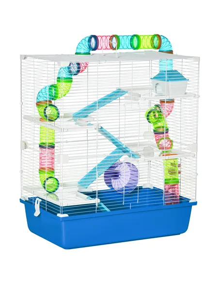 PawHut 5 Tier Hamster Cage, Gerbil Cage with Tube, Water Bottle, Exercise Wheel, Food Dish, 59L x 36W x 69H cm - Blue