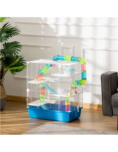 PawHut 5 Tier Hamster Cage, Gerbil Cage with Tube, Water Bottle, Exercise Wheel, Food Dish, 59L x 36W x 69H cm - Blue